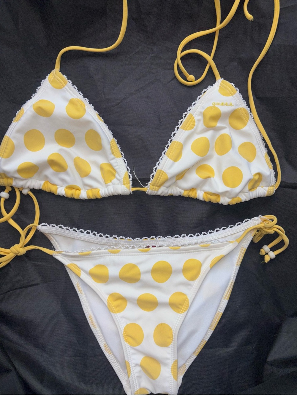 Guess Yellow Itty Bitty Polka Dot Bikini Triangle Bikini Set Bottoms XS Top L
